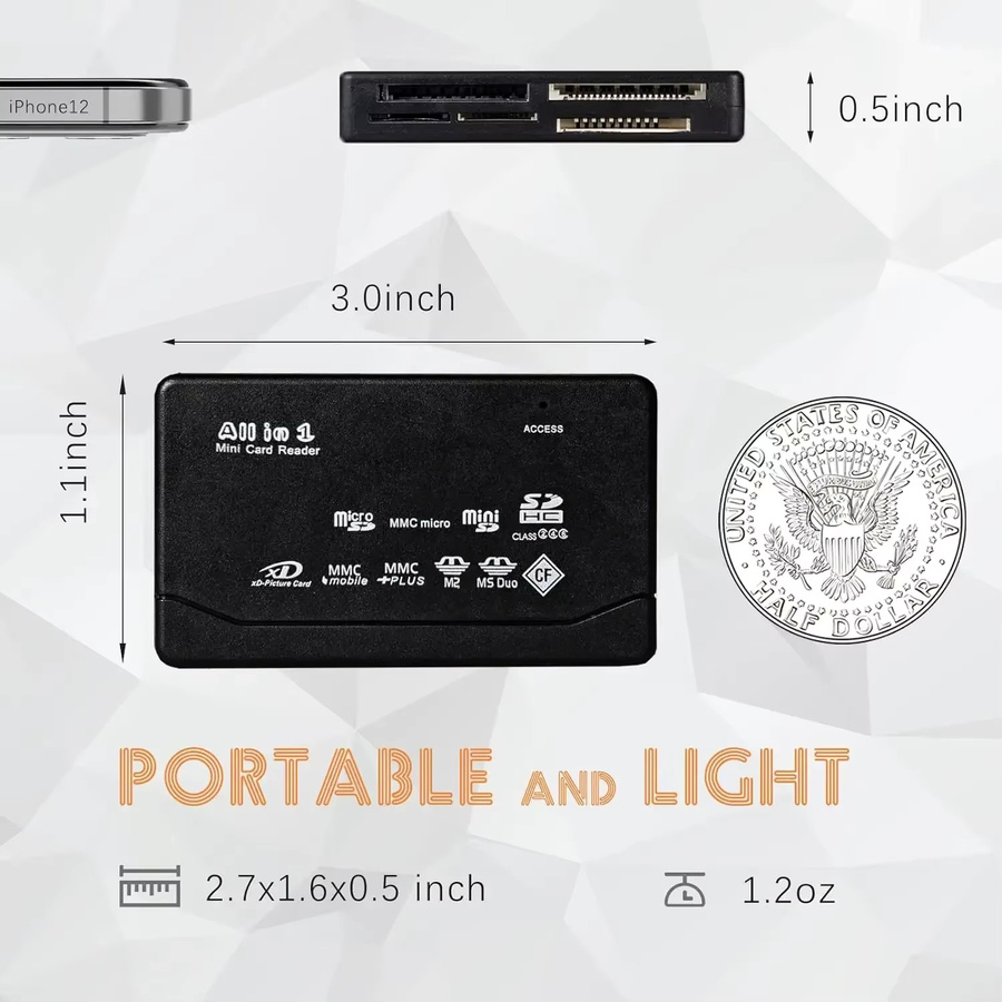 VIKEFON All-in-One USB Kartenleser für SD, SDHC, Mini Micro, M2, MMC und XD in Schwarz - Bild 3