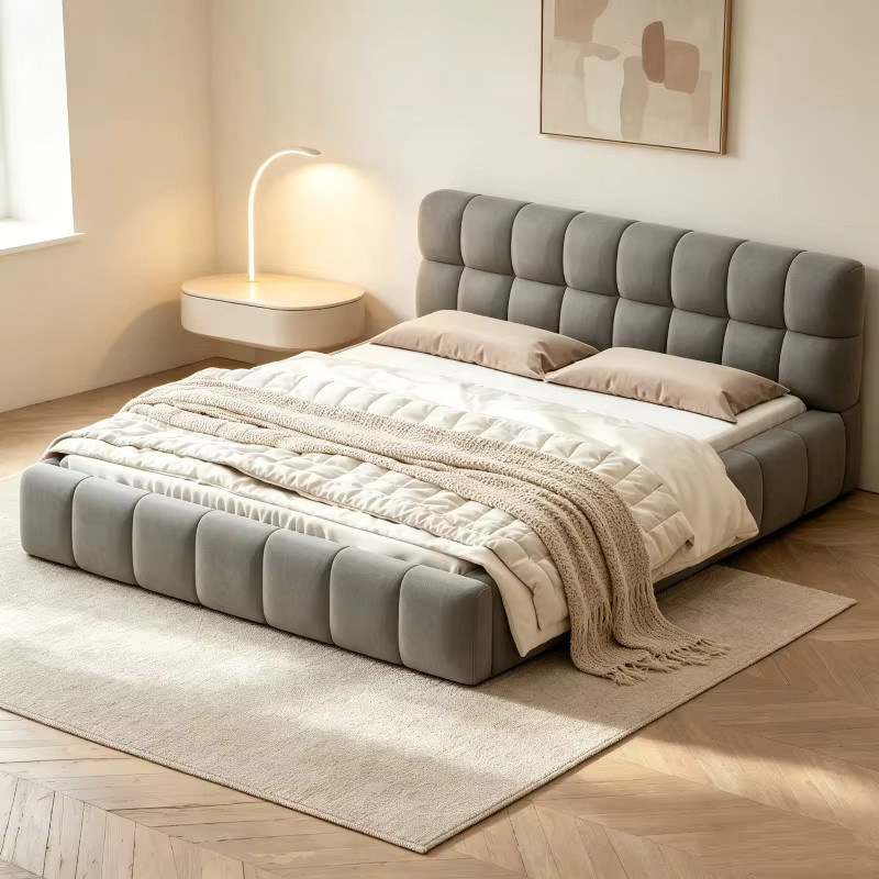 Rosahqnda Gepolstertes Bettgestell mit Kopf- und Fußteil im Gitterdesign in Beige/Grau, B/H: 140 x 190 cm - Bild 1