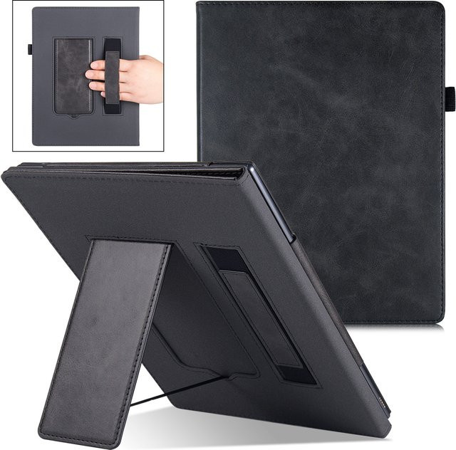 Bozhuorui Tablet Hülle für 10,3 Zoll in Schwarz mit integriertem Ständer, Handschlaufe und Stifthalter aus veganem PU-Leder - Bild 1