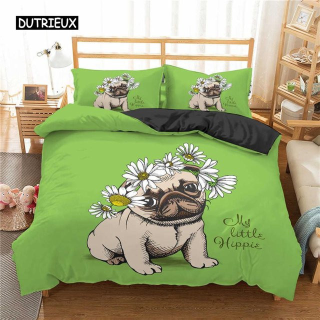 Bettwäsche Set Mops mit Blumenmuster für Kinder und Teenager, Grün, B/H: 135 x 200 cm - Bild 1