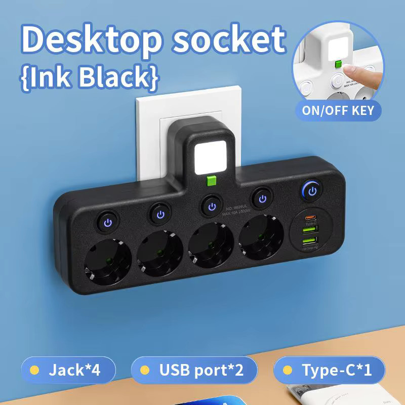 Szaoju Universeller Netzwerkfilter mit mehrschichtiger Steckdose und USB-Schalter, Schwarz - Bild 4