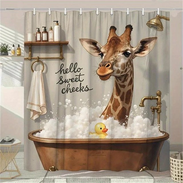 Duschvorhang Giraffe & Ente mit Hello Sweet Cheeks Design, Polyester, Mehrfarbig, B: 90 cm, H: 180 cm - Bild 1