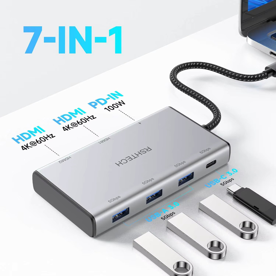 RSHTECH 7-in-1 USB-C Hub Dockingstation mit Dual HDMI 4K@60Hz und 100W PD Aluminium Adapter für MacBook - Bild 2