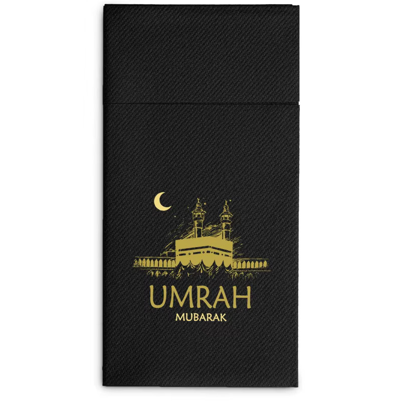5er Set Umrah Mubarak Einwegservietten und Bestecktaschen aus Papier in Schwarz für islamische Tischdekoration zu Ramadan und Eid - Bild 2