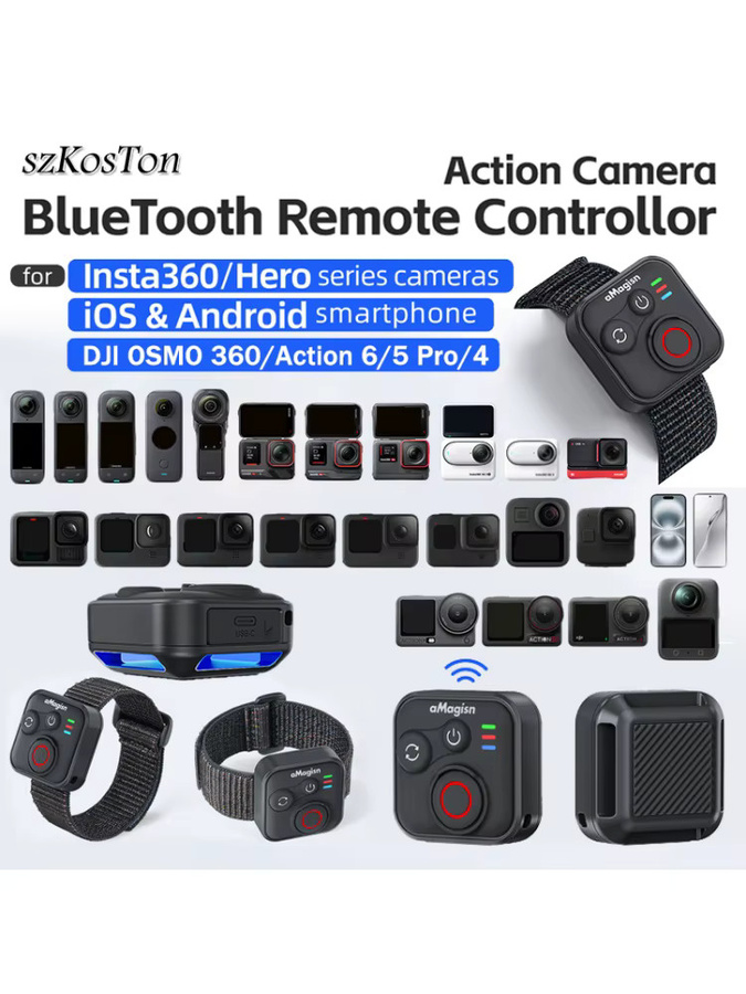 SZKOSTON Bluetooth-Fernbedienung für Insta360 Ace Pro 2, GoPro Hero 13/12/11/10/9/8 und DJI-Serie Sportkameras, Schwarz - Bild 6