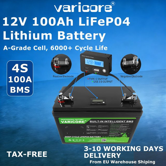 VariCore 12V 100Ah LiFePO4 Deep-Cycle-Batterie in Schwarz mit LCD-Display und 100A Entladestrom für Solar, Wohnmobil und Marine - Bild 1