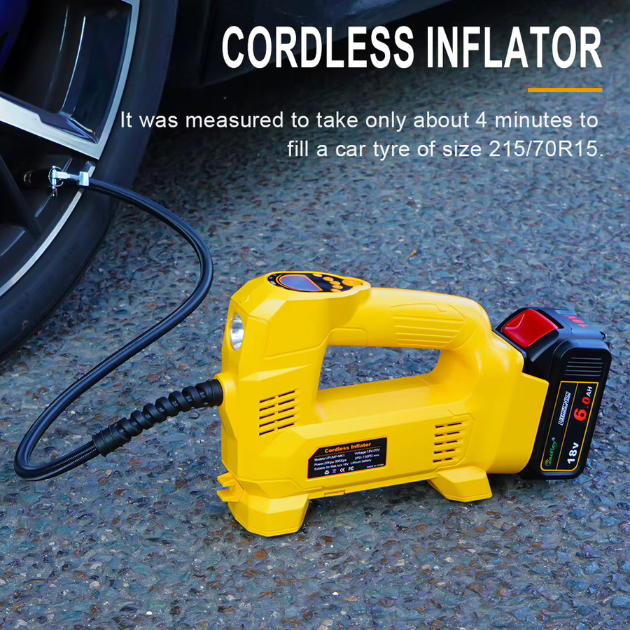 Tragbare Luftpumpe von Waitley als Luftkompressor für Dewalt oder Makita 18V/20V Akku, Elektropumpe für Autoreifen und Motorrad in Gelb - Bild 2