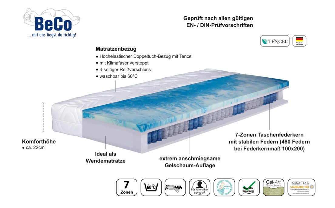 BECO 7-Zonen Taschenfederkern-Matratze Pro Gel, H3, Weiß, B/T: 80 x 200 cm - Bild 2