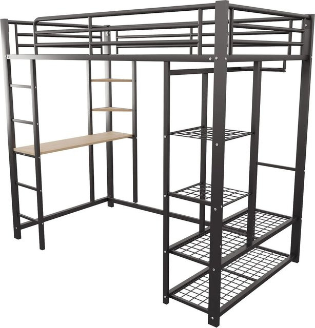 okwish Hochbett für Kinderzimmer mit Leiter, Tisch und Ablagefächern, Schwarz, B/T/H: 204 x 90 x 180 cm - Bild 1