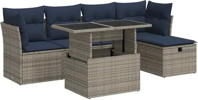 vidaXL 6-teilige Garten-Sofagarnitur aus Poly-Rattan und Akazie in Grau mit Kissen - Bild 1