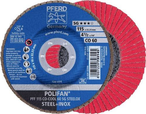 PFERD POLIFAN CO-COOL Fächerschleifscheibe SG STEELOX für Stahl und Edelstahl, Durchmesser: 115 mm, Bohrungs-Ø: 22,23 mm, Körnung: 60 - Bild 1