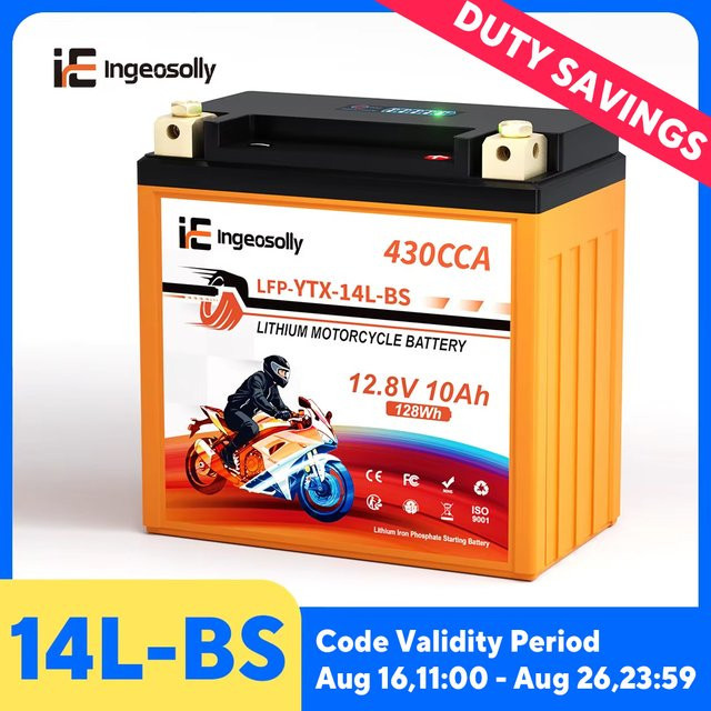 Ingeosolly 14L-BS 12V 10Ah LiFePO4 Motorradbatterie mit BMS-Spannungsanzeige, wartungsfreie Lithium-Eisenphosphat-Starterbatterie für Yamaha Honda Suzuki ATV Roller und Schneemobil - Bild 1
