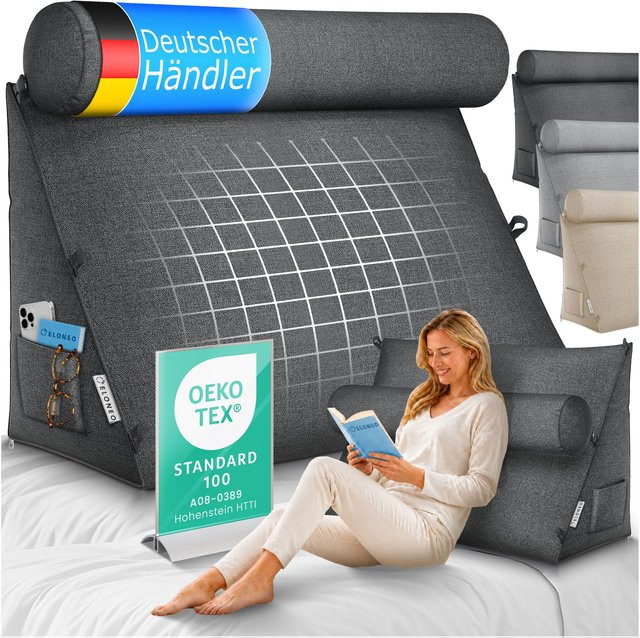 ELONEO Rückenkissen Anthrazit mit verstellbarer und abnehmbarer Nackenrolle, dreieckiges Keilkissen für Bett und Sofa mit waschbarem Bezug und Seitenfach, Breite: 70 cm - Bild 1