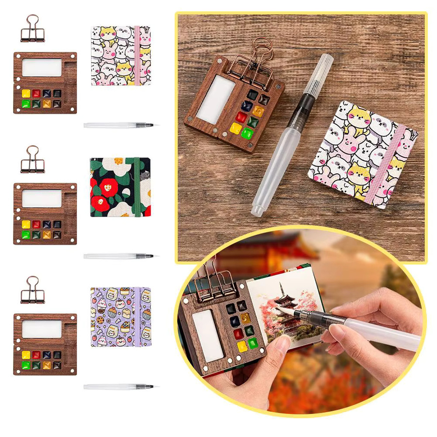 Tragbares Aquarell-Set aus Walnussholz mit 15-Gitter-Palette und Skizzenbuch-Etui in Mehrfarbig - Bild 3