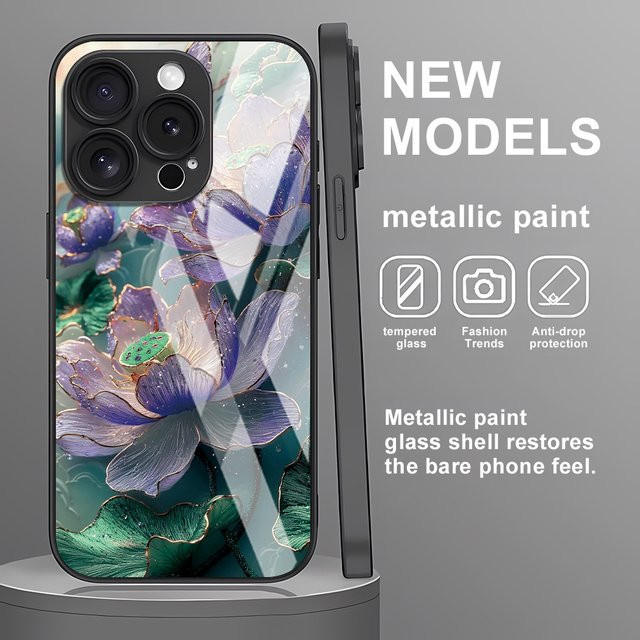 Handyhülle mit gehärtetem Glas und Lotusblumen-Design für Apple iPhone 17 Pro Max, 16 Pro Max, 15, 14, 13, 12 und 16E in Multicolour - Bild 1