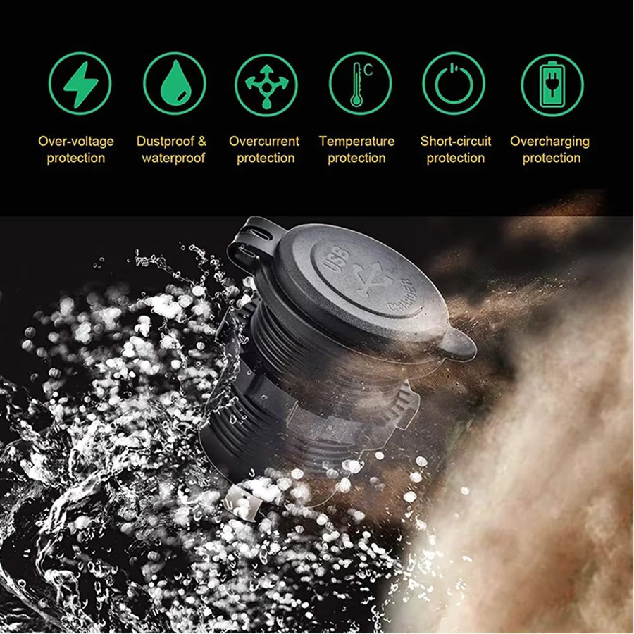 Wasserdichtes Dual PD QC 3.0 Autoladegerät mit USB-C und Schalter für 12V/24V Motorrad LKW Boot, 78W, Schwarz - Bild 4