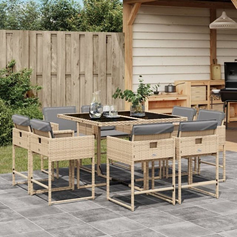 Vidaxl 9-teilige Garten-Essgruppe aus Poly-Rattan mit Kissen in Beige, Blau und Grau - Bild 1
