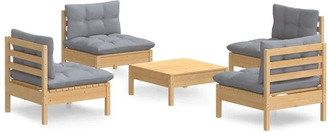 vidaXL 5-tlg Garten-Lounge-Set aus Kiefernholz mit grauen Polstern in Braun-Grau - Bild 1