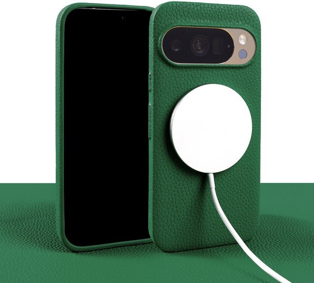 Magnetische Litschi Echte Lederhülle für Google Pixel 10 Pro XL, 9, 8, 7 Pro XL in Grün - Bild 1