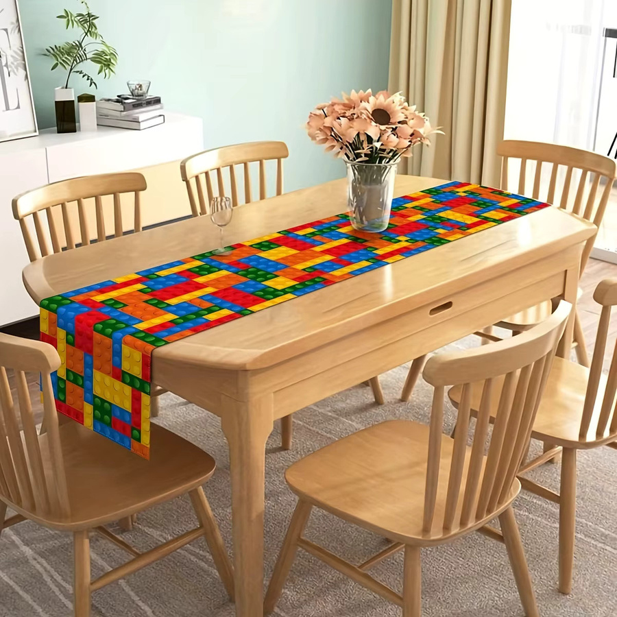 Bunter Tischläufer mit Bausteine-Motiv aus Leinen für Kindergeburtstage und Partys, Mehrfarbig, B/T: 150 x 30 cm - Bild 2