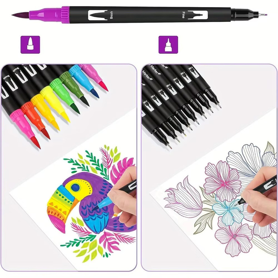120 Farben Doppelspitzen-Marker-Set mit Pinsel- und Feinspitze, wasserbasierte Stifte in Multicolour für Malbücher, Zeichnen und Lettering - Bild 8