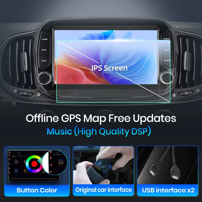 Junsun 7 Zoll Kabelloses CarPlay und Android Auto Autoradio für Fiat 500, Multimedia Stereo-Videoplayer mit IPS Touchscreen in Schwarz - Bild 4