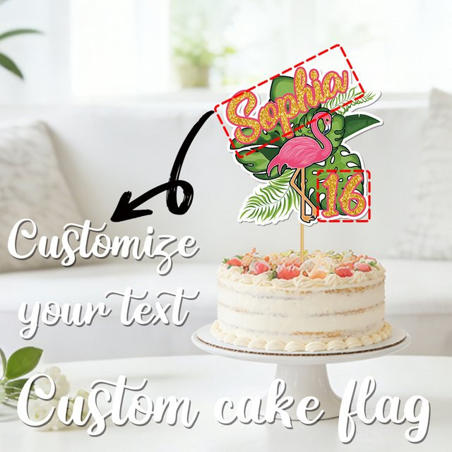 Personalisierter Kuchenaufsatz im Sommer-Flamingo-Design mit grünem Pflanzen-Motiv, individueller Name und Alter, tropische Hawaii-Tortendekoration, grün und mehrfarbig - Bild 1