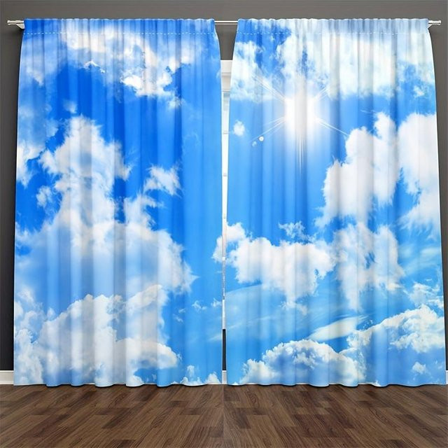 Dekorative Vorhänge mit Naturlandschaft Blauer Himmel und weißen Wolken, halbtransparent, blau/weiß, B: 210 cm, H: 230 cm - Bild 1
