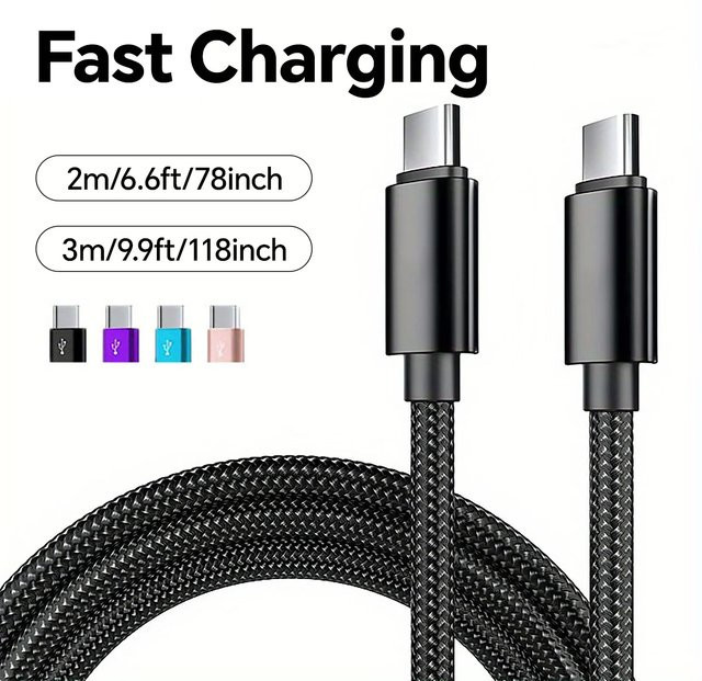 66 W USB C auf Typ C Schnellladekabel mit PD-Unterstützung, geflochtenes Nylon-Datenkabel, Farbe: Schwarz - Bild 1
