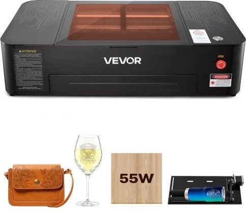 VEVOR CO2-Lasergravierer 55W mit 16-MP-Kamera, Wasserpumpe und Drehachse, Schwarz, Arbeitsbereich Breite: 50 cm, Tiefe: 30 cm, kompatibel mit LightBurn, CorelDRAW und RDWorks für Holz, Acryl und Glas - Bild 1