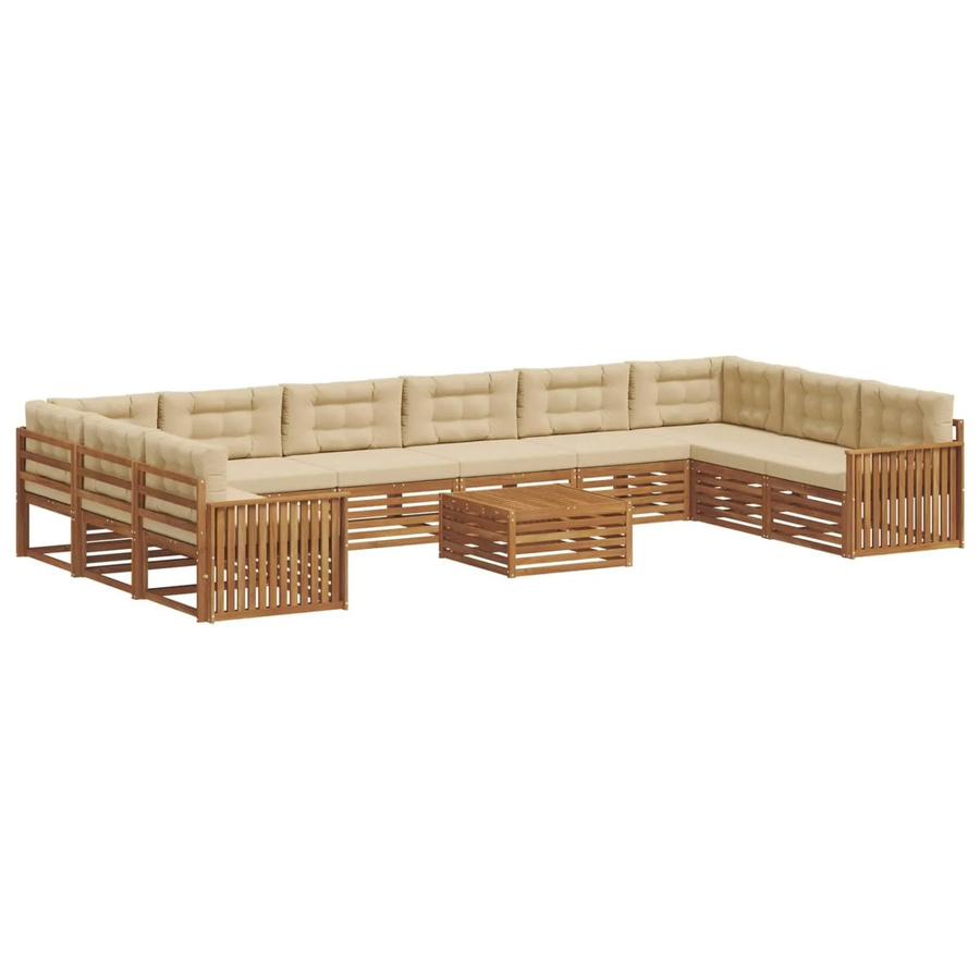 vidaXL Sofagarnitur 11-teilig in U-Form aus Massivholz Akazie in Natur und Beige mit Polsterung und Armlehnen - Bild 2