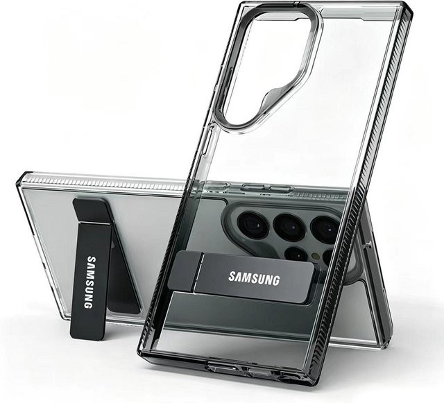 Stoßfeste Metallhalter Hülle für Samsung Galaxy S25 S24 S23 Ultra Plus mit Standfunktion in Transparent und Schwarz - Bild 1