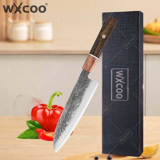 WXCOO Professionelles Santoku-Messer aus handgeschmiedetem Stahl mit Holzgriff für Fleisch und Obst - Bild 1