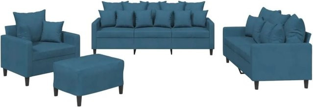 vidaXL 4-tlg Sofagarnitur aus Samt in Blau mit Kissen, bestehend aus 3-Sitzer-Sofa, 2-Sitzer-Sofa, Sessel und Ottoman - Bild 1