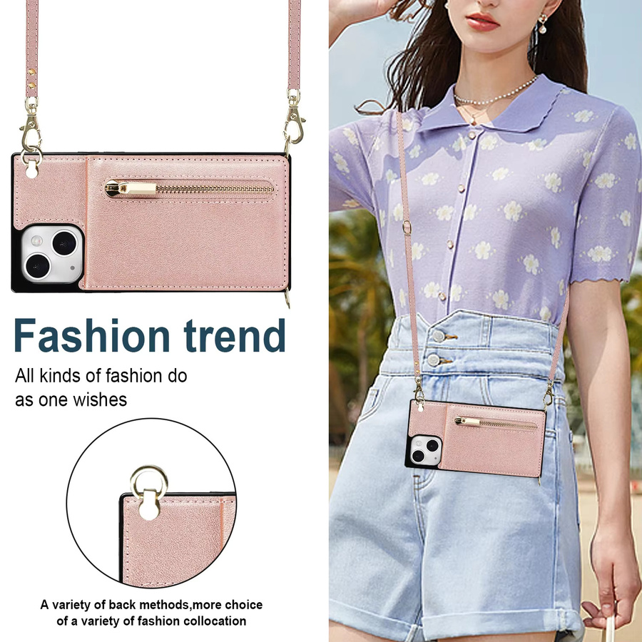 HQBBRO Crossbody Ledertasche mit Reißverschluss und Kartenfach als Geldbörse für iPhone 11 bis 16 Pro Max, Farben: Gold oder Pink - Bild 3