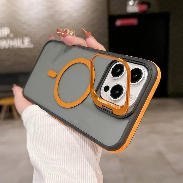 Yiran Bag Magnetische Ständerhülle mit Transparenz und Spleiß-Design für iPhone 11 bis iPhone 16 Pro Max Plus, Zweifarbig Grau/Transparent, Mattes Finish, MagSafe kompatibel - Bild 1