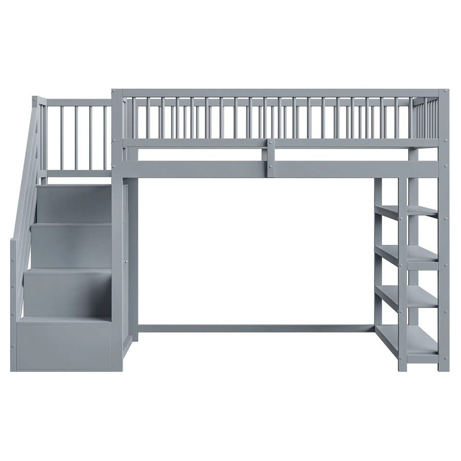 Merax Hochbett für Kinder aus Massivholz und MDF mit Kleiderschrank und Treppe, Grau/Weiß, B/T/H: 90 x 200 x 169 cm - Bild 2