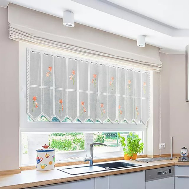 American Modern Home Kurzer Vorhang mit Blumenpflanzen-Design, halbtransparent, Weiß, B: 157 cm, H: 55 cm - Bild 1