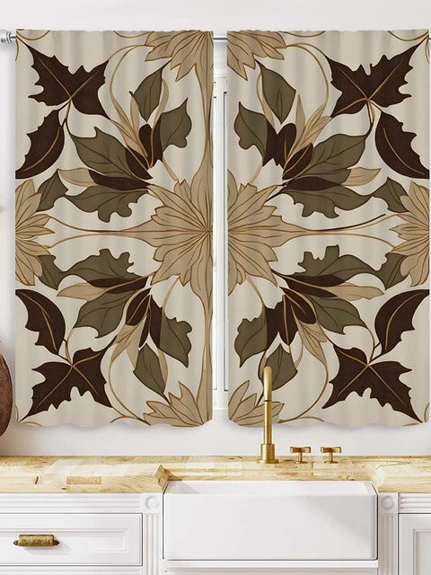 2-teiliges Set Vorhang mit grünem Vintage-Blumenmuster in Braun und Multicolour, halbtransparent, B: 132 cm, H: 160 cm - Bild 1