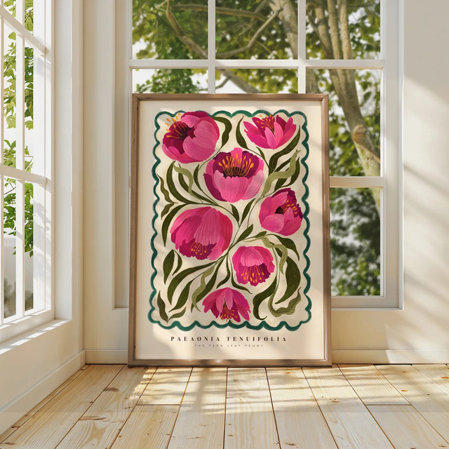 Summer Peony Art Print von SHENCHEN – Bunte handgezeichnete Blumenillustration als moderner Paper Poster in Pink und Multicolour - Bild 1
