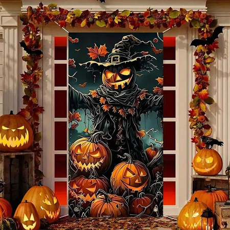 VIKAMA Halloween Türrahmen Banner mit erschreckendem Kürbis Mann für Indoor und Outdoor, mehrfarbig, B/H: 90 x 180 cm