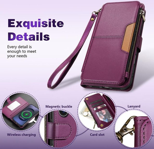 Magnetische Lederhülle mit Portemonnaie-Funktion und Reißverschluss für Samsung Galaxy S26 Ultra S25 Ultra S24 Plus S23 S22 S21 S20 FE in Purple - Bild 1