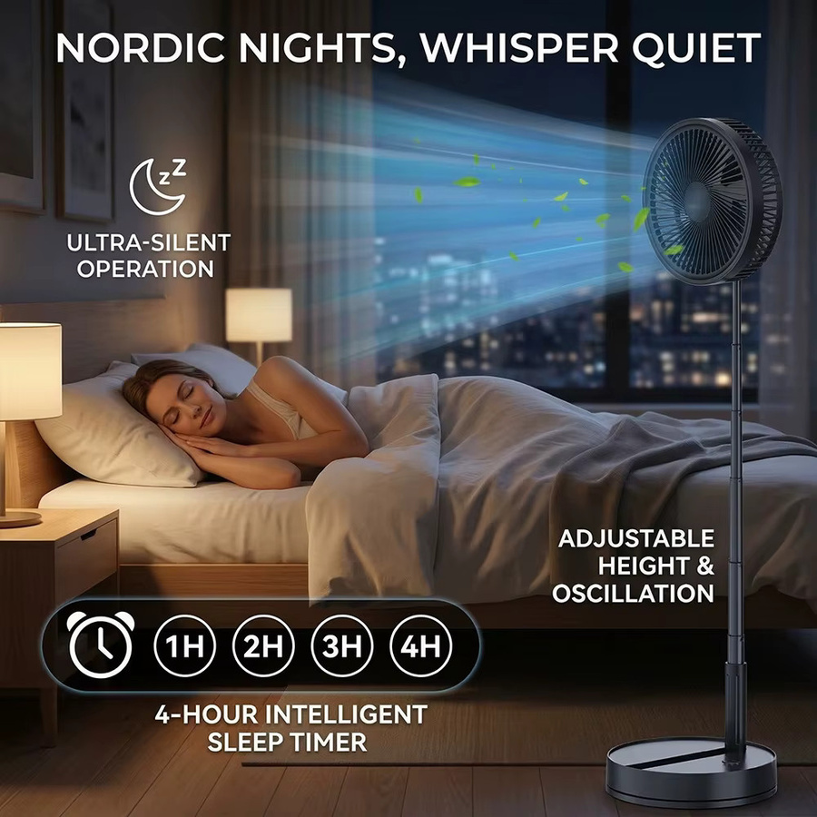 LIPETY Tragbarer Ventilator Schwarz mit Fernbedienung, Faltbar und Teleskopisch, 8000 mAh Akku, 4 Windgeschwindigkeiten, Höhenverstellbar, USB-Kühlventilator für Innen und Außen - Bild 6