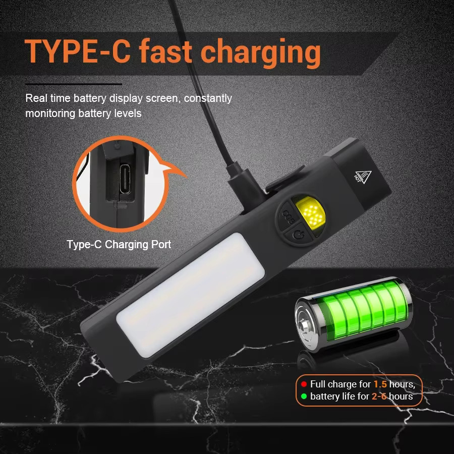 Tragbare taktische EDC-Taschenlampe in Schwarz mit 400 lm, wiederaufladbare USB-LED-Taschenlampe mit Warn-LED und magnetischem Notfall-Arbeitslicht für Camping und Wandern - Bild 3