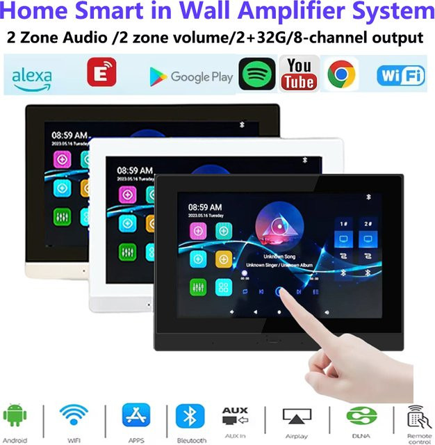 MAKERIGH 7-Zoll Smart In-Wandverstärker mit Android 11, 8 x 30 W Leistung, Bluetooth und WiFi, Stereo-Musik-Player in Weiß - Bild 1