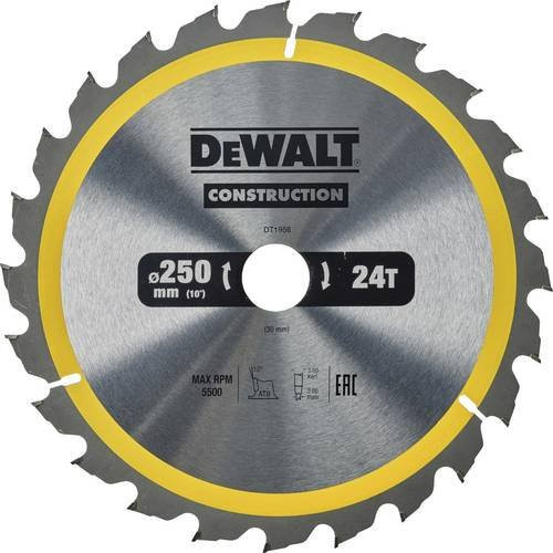DeWalt Kreissägeblatt DT1956-QZ für stationäre Kreissägen, Durchmesser: 250 mm, Bohrung: 30 mm, 24 Zähne, Farbe: Silber - Bild 1