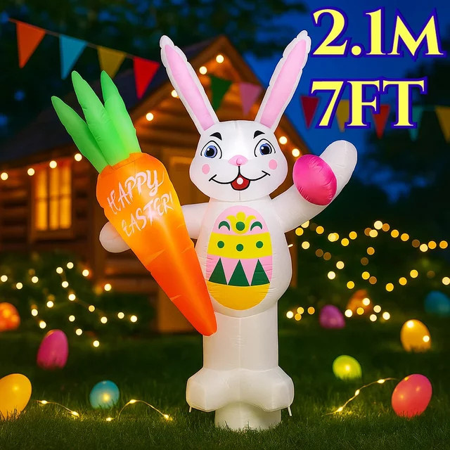 Aufblasbarer Osterhase als Garten-Dekoration mit LED und eingebautem Inflator, Farbe: Weiß, Höhe: 180 cm - Bild 1