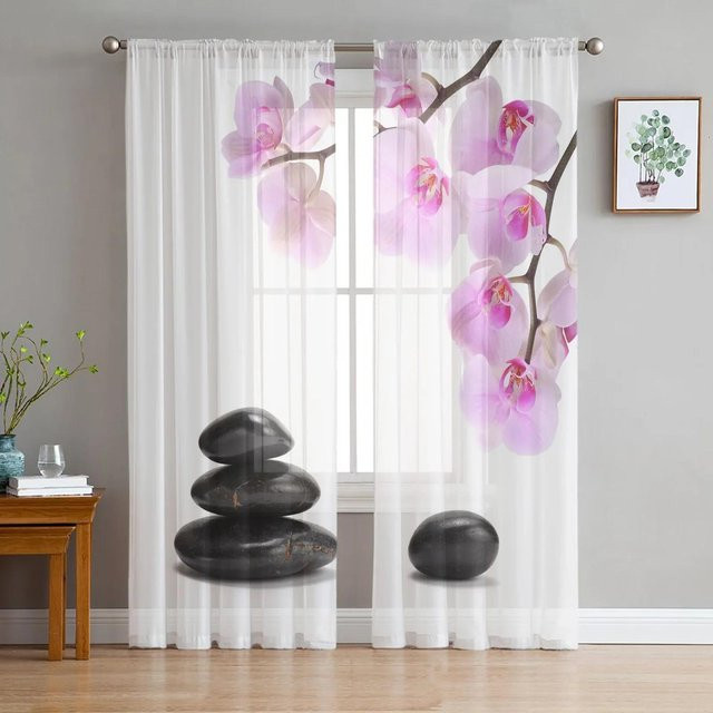 Yiran Furniture Transparente Voile-Vorhänge mit floralem Orchideen- und Bambus-Design in Weiß, Breite: 135 cm, Höhe: 215 cm - Bild 1