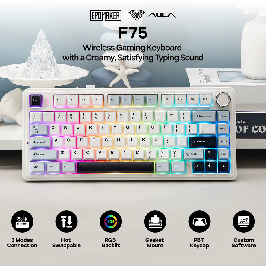 EPOMAKER X AULA F75 Mechanische Tastatur mit 75% ANSI Layout, Hot-Swap, Gasket Mount, Bluetooth 5.0, 2.4G und Kabelverbindung, PBT-Tastenkappen, Farbe: Blau/Weiß, Kompatibel mit Mac und Windows - Bild 2