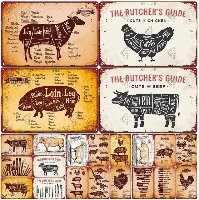 Potdemiel Vintage Metallschild The Butcher's Guide Küchenplakat Wanddekoration B/H: 20 x 30 cm - Bild 1